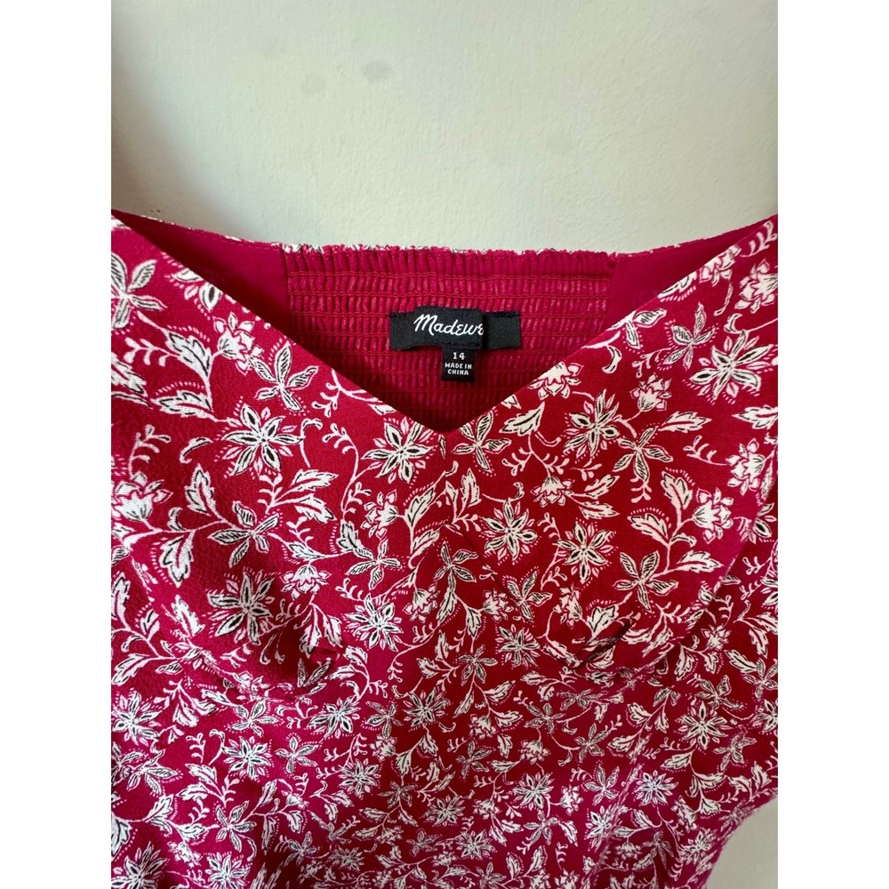 Madewell Red‎ Floral Puff Sleeve Smocked Mini Dress Size 14 Sweetheart Neck - Picture 3 of 8